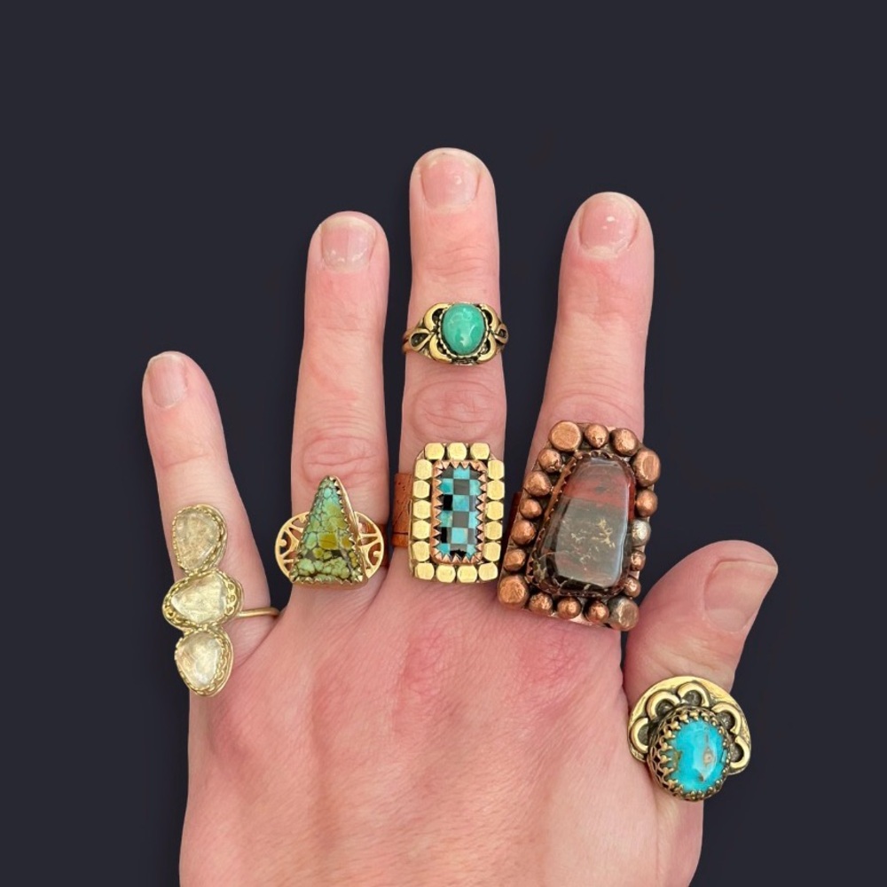Turquoise & Onyx Checkerboard Ring – Mixed Metal Statement Ring, Size 7.5 - Picture 4 of 6